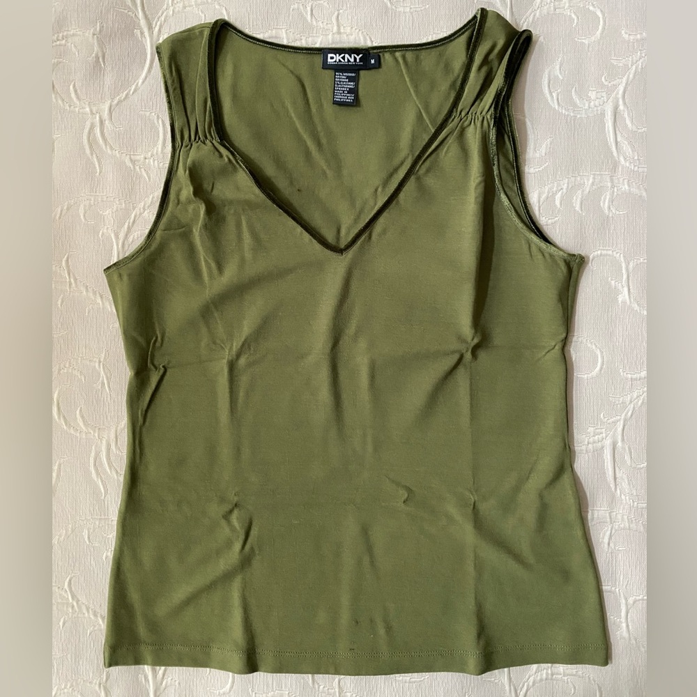Donna Karan green tank with velvet trim